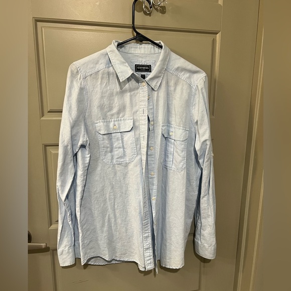 Express Linen Light Blue Button-Up Shirt - Picture 1 of 5